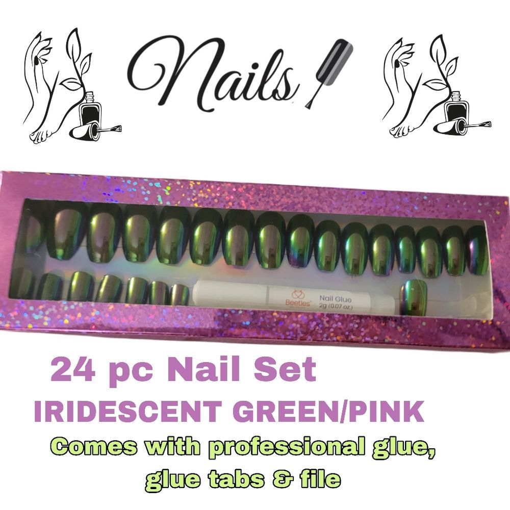 GREEN/PINK IRIDESCENT COFFIN 💅NAILS glue on press on nails